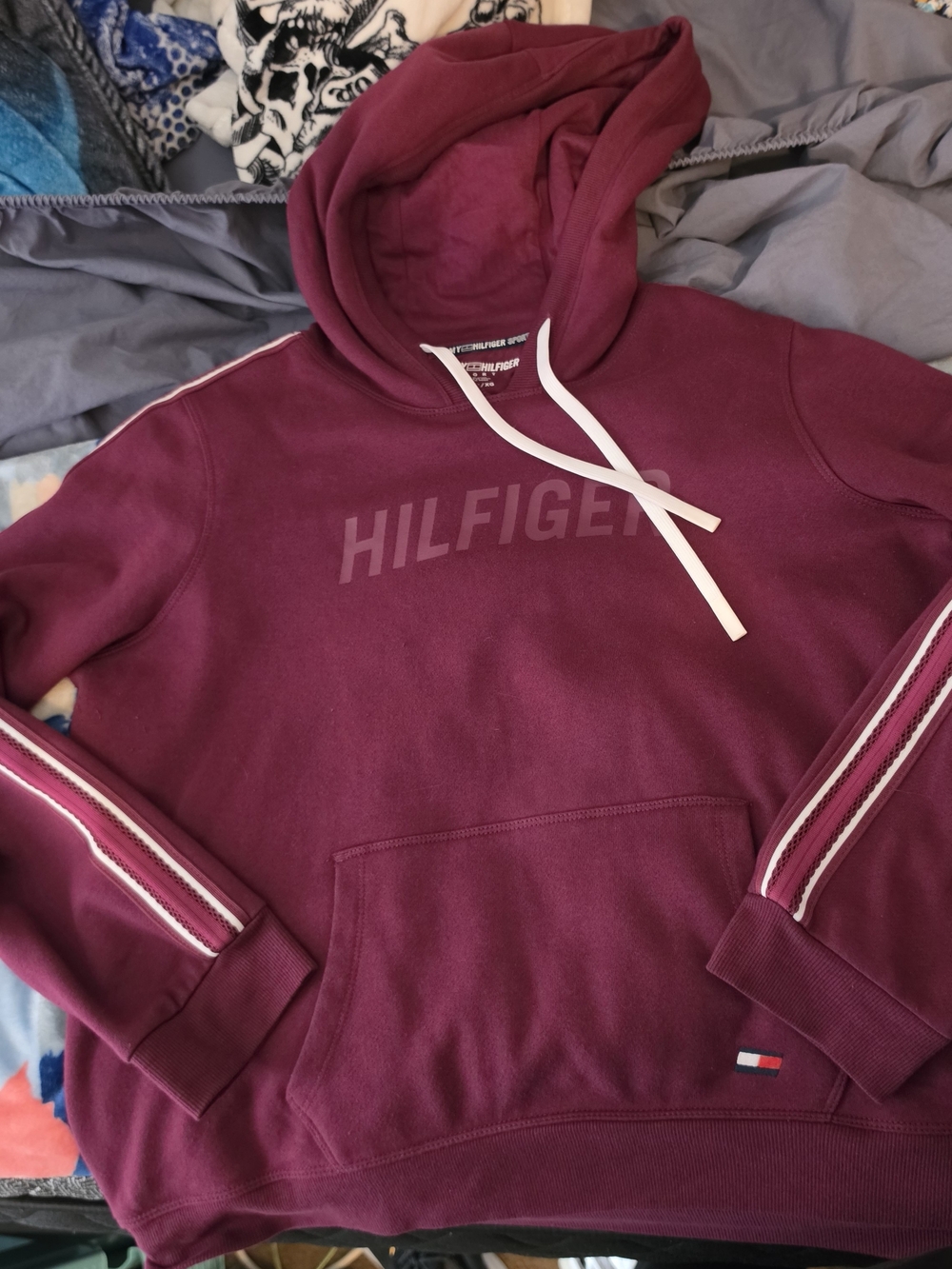 Tommy Hilfiger Burgundy Pullover Hoodie with Stripe Sleeve Detail